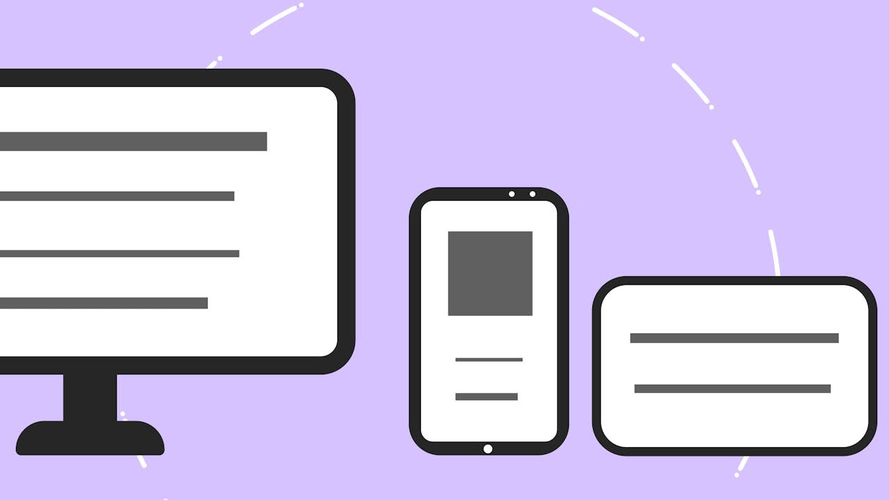 Mastering the First Impression: Your intriguing post title goes here Vector icons with modern phone near computer monitor and credit card with gray lines on purple background